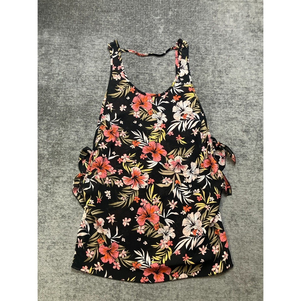 Xhilaration Swim Coverup Women Small Black Pink Floral Scoop Neck Beach Tie Side